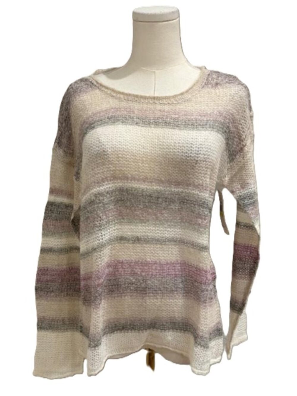 Vince Camuto L/S Ivory w/Gray & Mauve Open Cable Knit Sweater Rolled Edges NWT